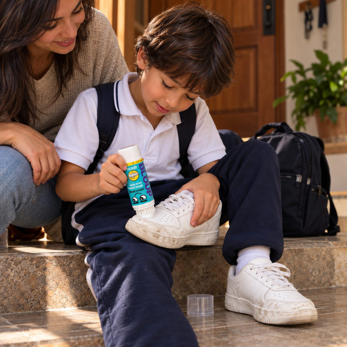 Niño limpiando sus tenis con Shiny Kicks junto a su mamá antes de ir al colegio